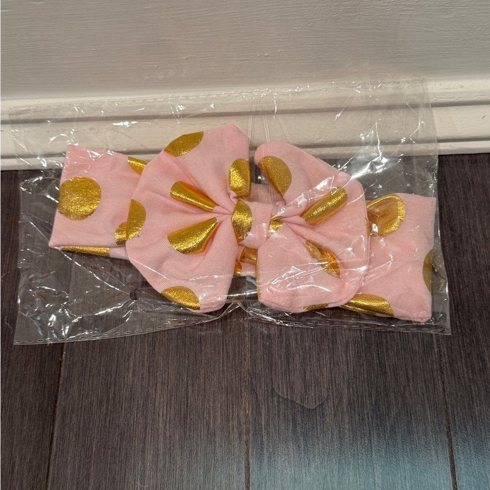 NWT Pink and Gold Polka Dot Kids Soft Bow Headband